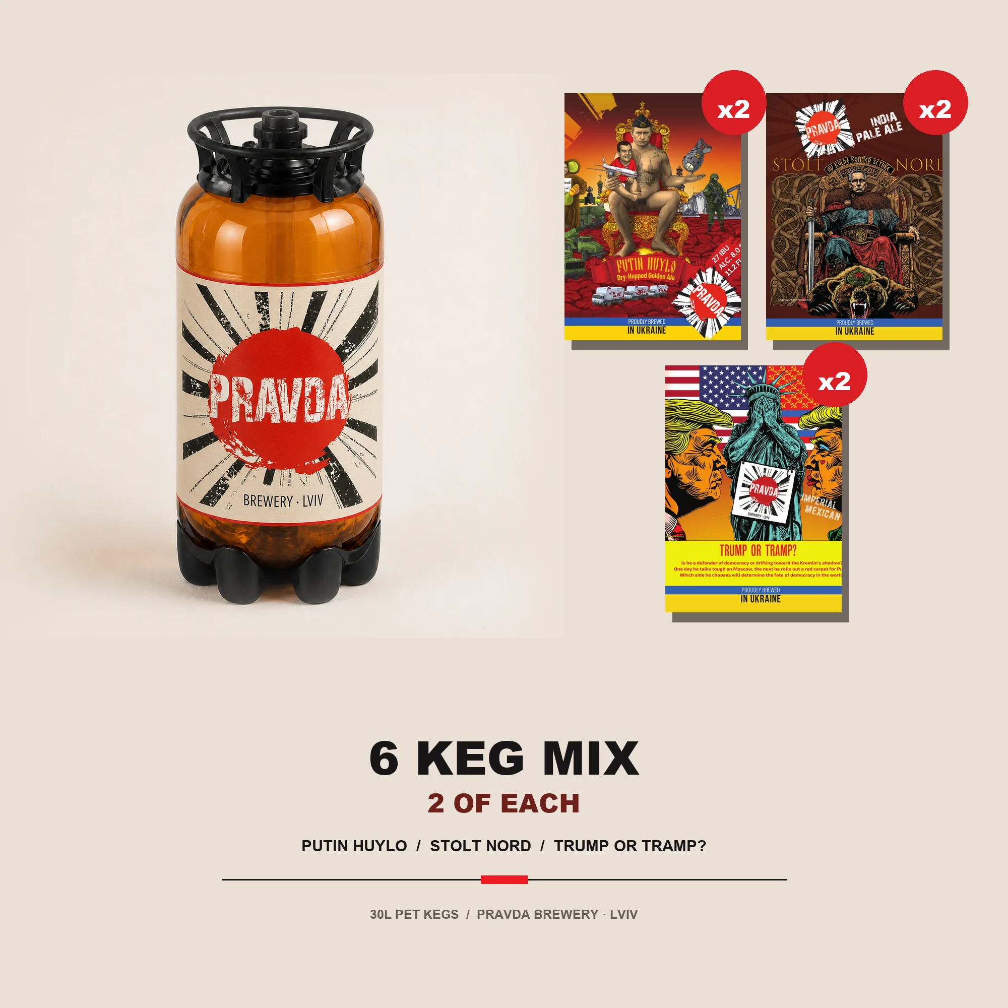 6 Keg Mix with two of each Pravda beer